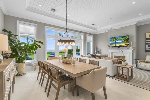 Dining room, Fireplace, Interior, Living room, Pendant Lights, Recessed Lighting