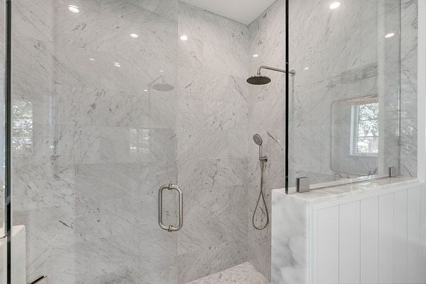 Bathroom, Glass Shower, Interior, Marble Walls, Recessed Lighting