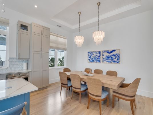 Chandelier, Dining room, Interior, Pendant Lights, Recessed Lighting, Wood Texture Flooring