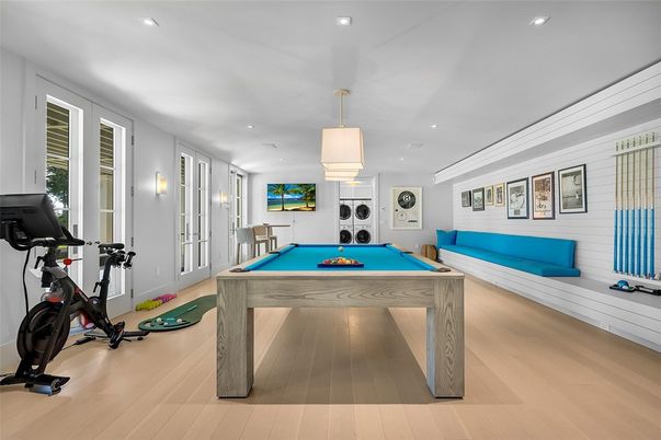 Billiard Table, Fitness Equipment, Game Room, Interior, Pendant Lights, Recessed Lighting, Wood Texture Flooring