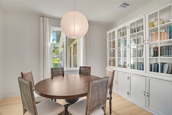 Dining room, Interior, Pendant Lights, Wood Texture Flooring