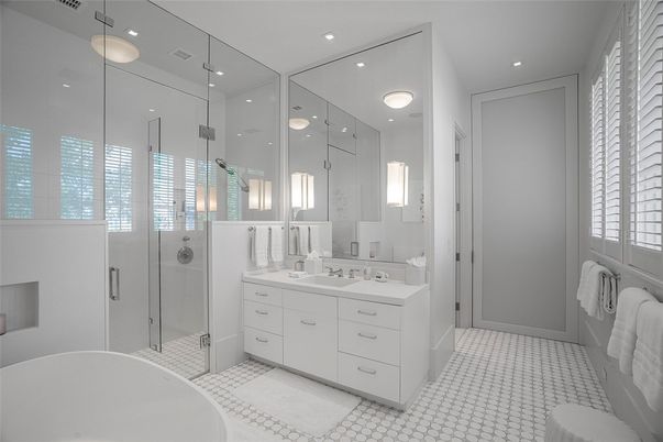Bathroom, Dual Sink Vanities, Glass Shower, Interior, Recessed Lighting