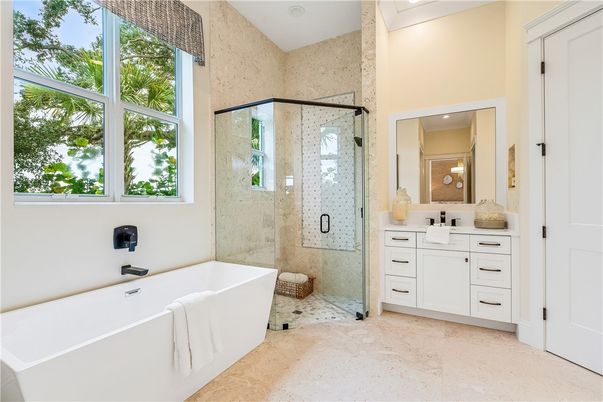 Bathroom, Free Standing Baths, Glass Shower, Interior, Recessed Lighting