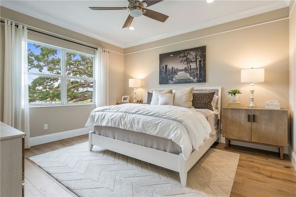 Bedroom, Interior, Recessed Lighting, Wood Texture Flooring