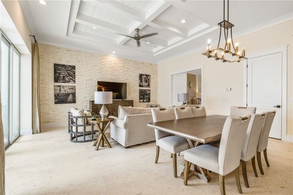 Dining room, Interior, Living room, Pendant Lights, Recessed Lighting, Stone Walls