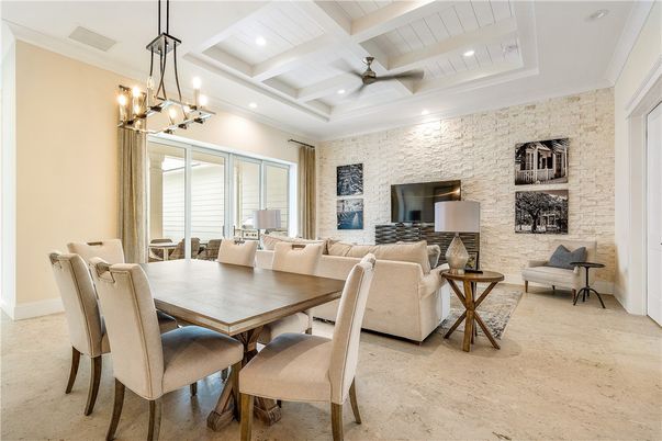 Dining room, Interior, Living room, Pendant Lights, Recessed Lighting, Stone Walls