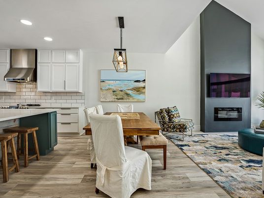 Dining room, Interior, Kitchen, Pendant Lights, Recessed Lighting, Stainless Steel Appliances, Wood Texture Flooring