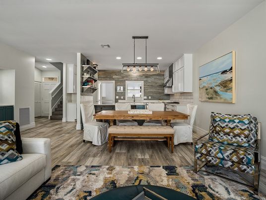 Dining room, Interior, Kitchen, Pendant Lights, Recessed Lighting, Wood Texture Flooring