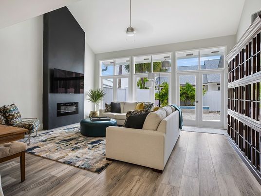 Fireplace, Interior, Living room, Pendant Lights, Wood Texture Flooring