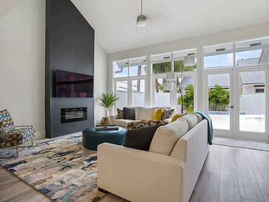 Fireplace, Interior, Living room, Pendant Lights, Wood Texture Flooring