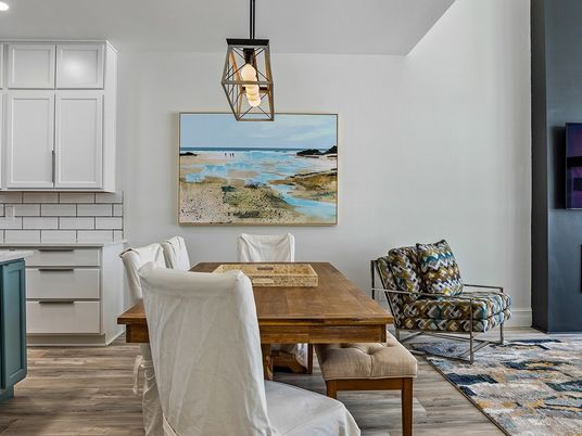Dining room, Interior, Pendant Lights, Recessed Lighting, Wood Texture Flooring