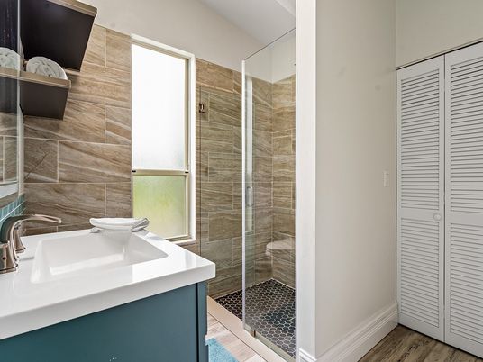 Bathroom, Glass Shower, Interior, Wood Texture Flooring