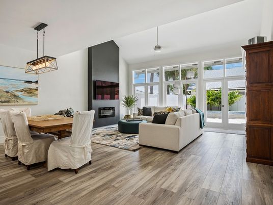 Dining room, Fireplace, Interior, Living room, Pendant Lights, Wood Texture Flooring