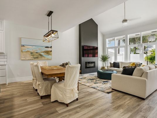 Dining room, Fireplace, Interior, Living room, Pendant Lights, Wood Texture Flooring