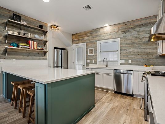 Interior, Kitchen, Recessed Lighting, Stainless Steel Appliances, Wood Texture Flooring, Wooden Walls