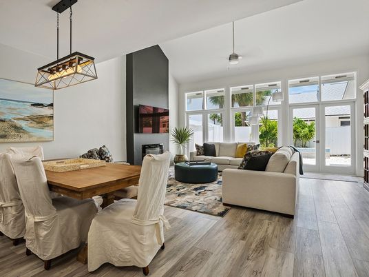 Dining room, Fireplace, Interior, Living room, Pendant Lights, Wood Texture Flooring