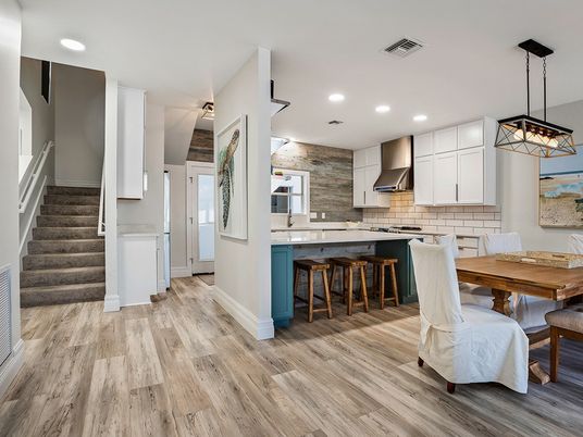 Dining room, Interior, Kitchen, Pendant Lights, Recessed Lighting, Stainless Steel Appliances, Wood Texture Flooring
