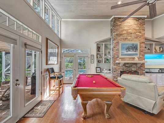 Billiard Table, Fireplace, Game Room, Interior, Recessed Lighting, Stone Walls, Wooden Ceilings, Wood Texture Flooring