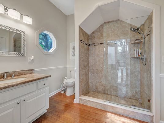 Bathroom, Glass Shower, Interior, Wood Texture Flooring