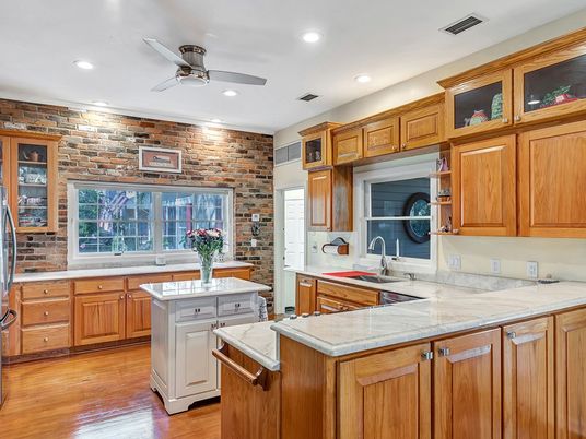 Interior, Kitchen, Recessed Lighting, Stone Walls, Wood Texture Flooring