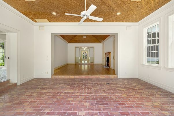 Empty room, Fireplace, Interior, Recessed Lighting, Wooden Ceilings