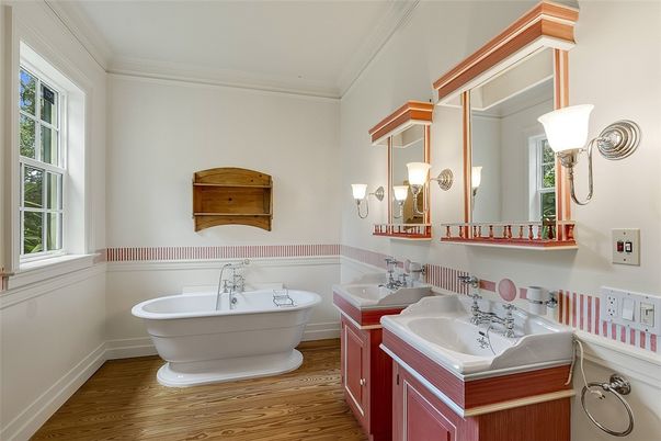 Bathroom, Dual Sink Vanities, Free Standing Baths, Interior, Wood Texture Flooring
