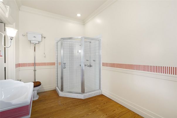 Bathroom, Glass Shower, Interior, Recessed Lighting, Wood Texture Flooring