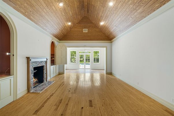 Empty room, Fireplace, Interior, Recessed Lighting, Wooden Ceilings, Wood Texture Flooring