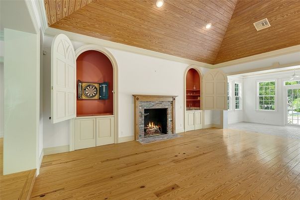 Empty room, Fireplace, Interior, Recessed Lighting, Wooden Ceilings, Wood Texture Flooring