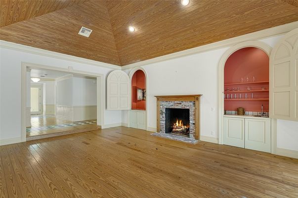 Empty room, Fireplace, Interior, Recessed Lighting, Wooden Ceilings, Wood Texture Flooring