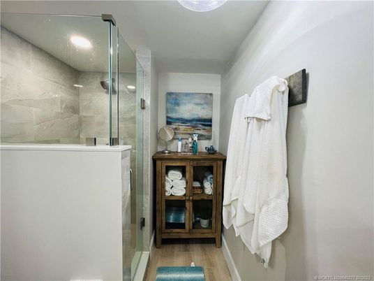 Bathroom, Glass Shower, Interior, Recessed Lighting, Wood Texture Flooring