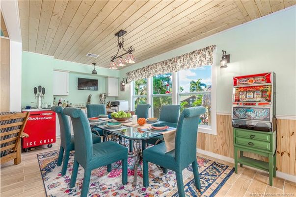 Dining room, Interior, Pendant Lights, Wooden Ceilings, Wood Texture Flooring