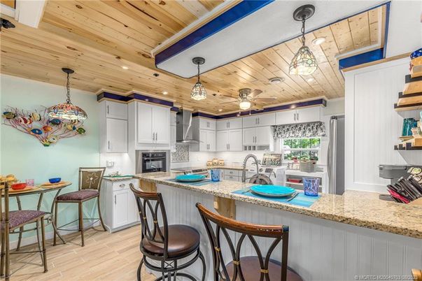 Interior, Kitchen, Pendant Lights, Recessed Lighting, Wooden Ceilings, Wood Texture Flooring