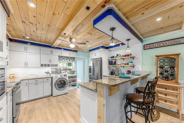 Interior, Kitchen, Pendant Lights, Recessed Lighting, Washer, Wooden Ceilings, Wood Texture Flooring