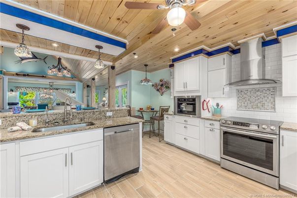 Interior, Kitchen, Pendant Lights, Recessed Lighting, Stainless Steel Appliances, Wooden Ceilings, Wood Texture Flooring
