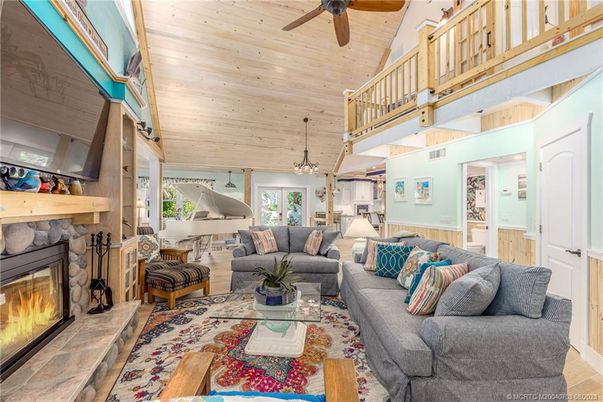 Fireplace, Interior, Living room, Pendant Lights, Piano, Wooden Ceilings, Wood Texture Flooring