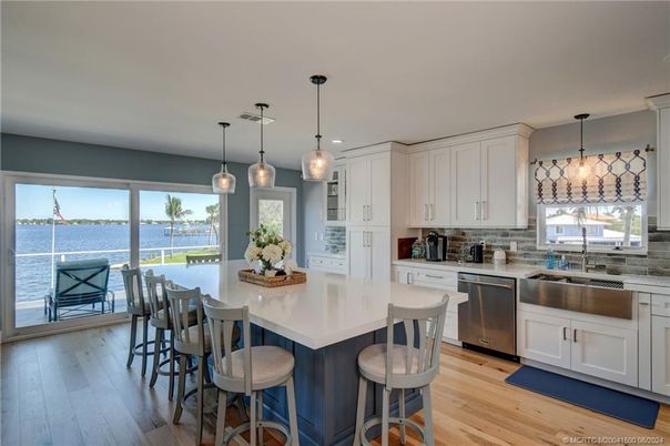 Interior, Kitchen, Pendant Lights, Stainless Steel Appliances, Water, Wood Texture Flooring