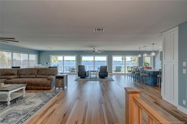 Dining room, Interior, Kitchen, Living room, Pendant Lights, Water, Wood Texture Flooring