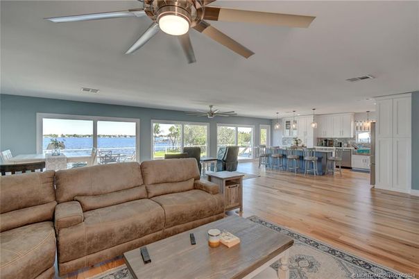 Dining room, Interior, Kitchen, Living room, Pendant Lights, Wood Texture Flooring