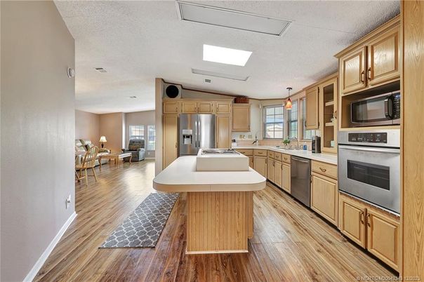 Interior, Kitchen, Pendant Lights, Stainless Steel Appliances, Wood Texture Flooring