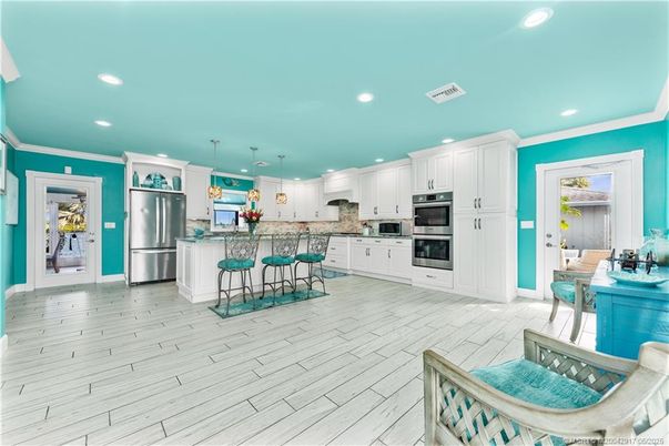 Interior, Kitchen, Pendant Lights, Recessed Lighting, Stainless Steel Appliances, Wood Texture Flooring