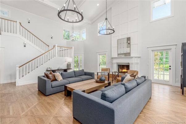 Fireplace, Interior, Living room, Pendant Lights, Recessed Lighting, Wood Texture Flooring