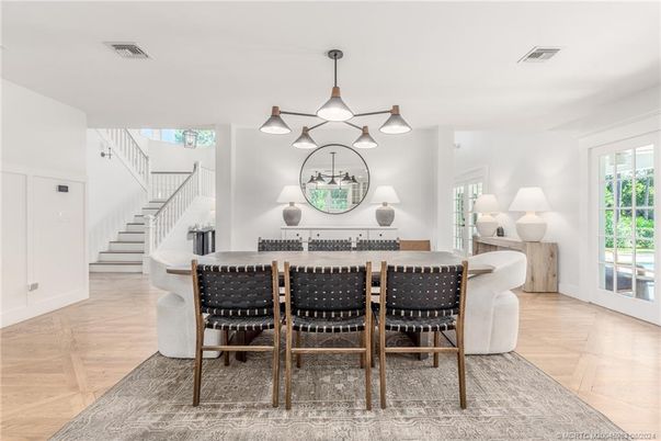 Dining room, Interior, Pendant Lights, Wood Texture Flooring