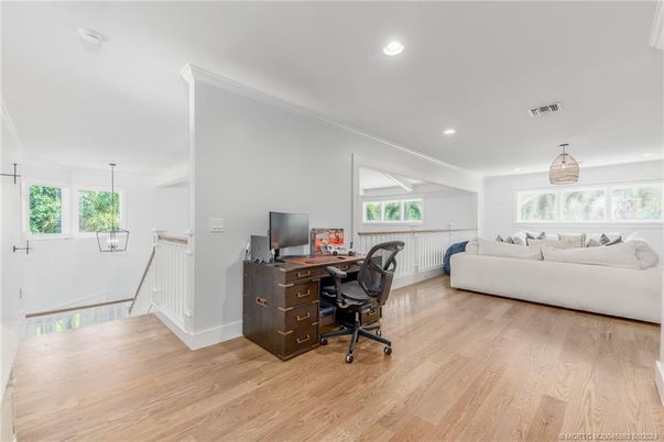 Home Office, Interior, Pendant Lights, Recessed Lighting, Wood Texture Flooring