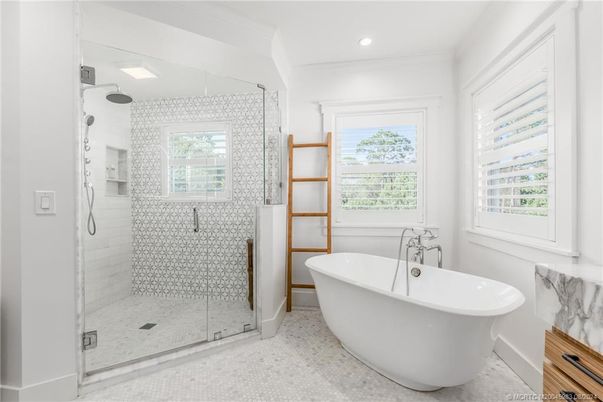 Bathroom, Free Standing Baths, Glass Shower, Interior, Recessed Lighting