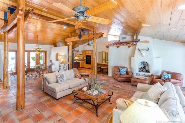 Chandelier, Dining room, Interior, Kitchen, Living room, Recessed Lighting, Wooden Beams, Wooden Ceilings