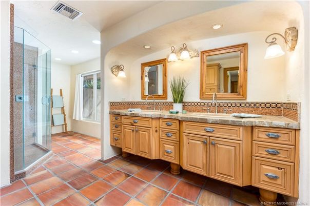 Bathroom, Dual Sink Vanities, Glass Shower, Interior, Recessed Lighting, Tile Countertops