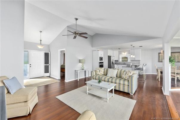 Dining room, Interior, Kitchen, Living room, Pendant Lights, Stainless Steel Appliances, Wood Texture Flooring