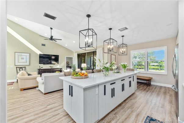Interior, Kitchen, Living room, Pendant Lights, Recessed Lighting, Wood Texture Flooring