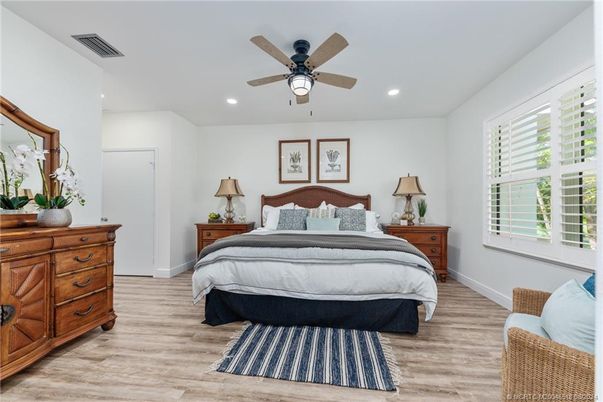 Bedroom, Interior, Recessed Lighting, Wood Texture Flooring